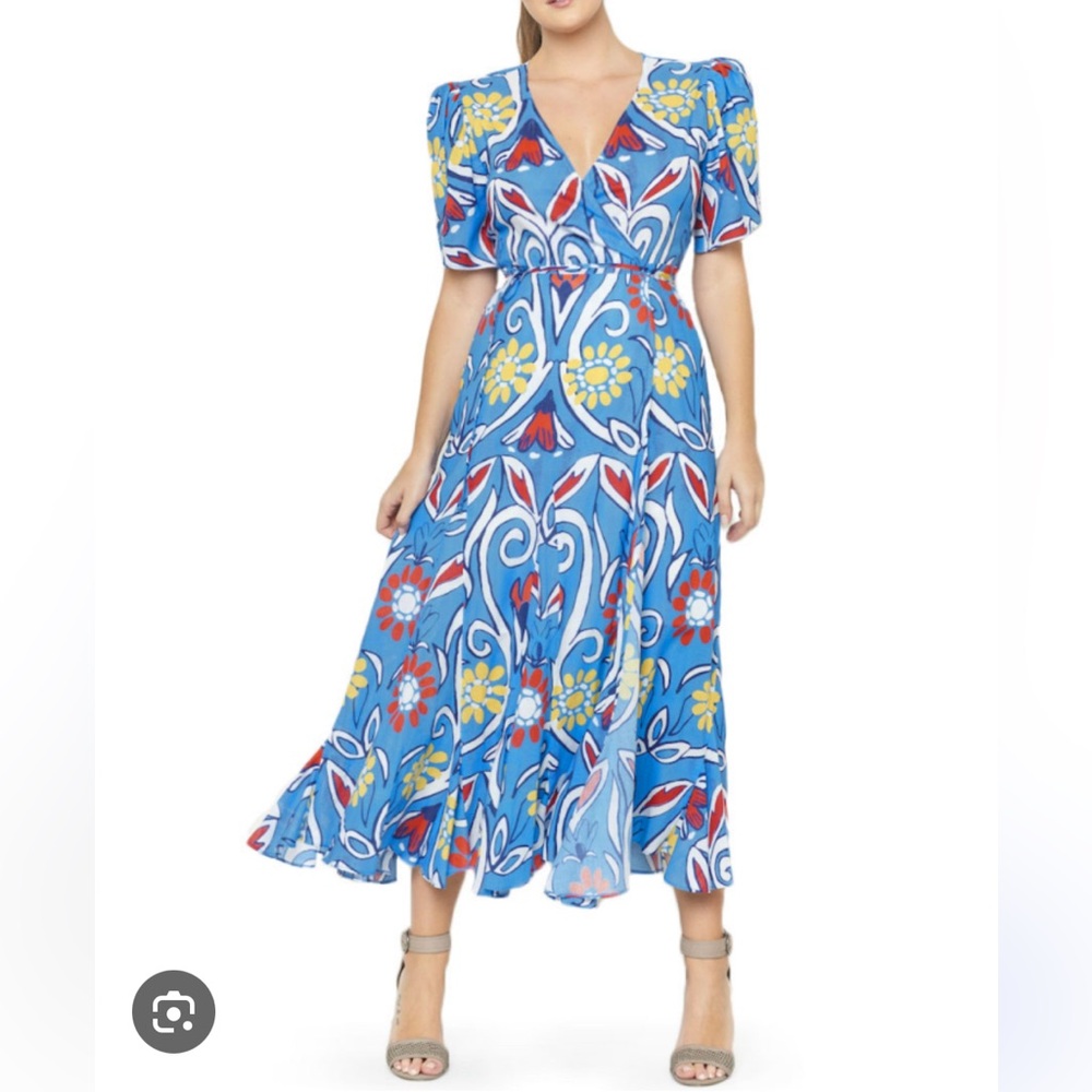 De Loreta blue maxi wrap dress puff sleeve patterned izula lightweight medium